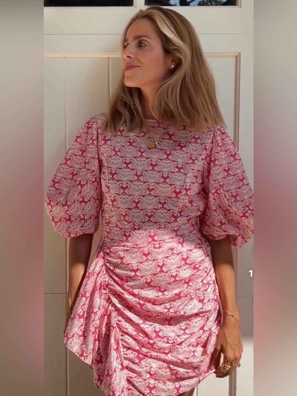Rhode Pia minidress in hot pink and white "Lotus Block" floral print